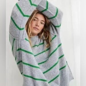 aerie Gray Crewneck Sweater with Green Stripes